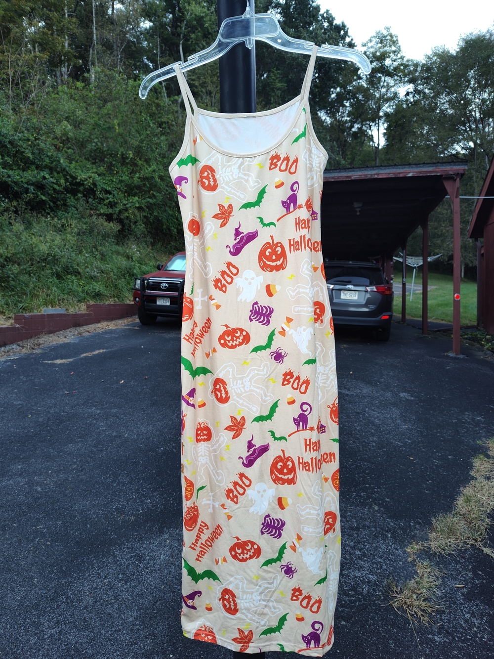 Halloween Spaghetti Strap Dress - Beige And Orange Pumpkin Print